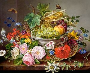 Bodegon con Flores y Canasta de Frutas